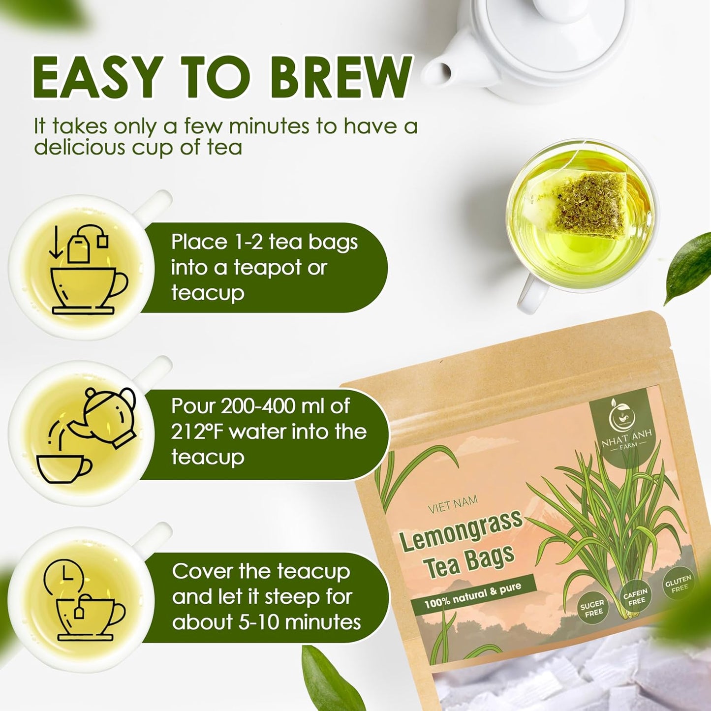 NHAT ANH FARM - Premium Lemongrass Tea Bags, 100 Lemongrass Tea Bags, 100% Natural Dried Lemongrass, Naturally Sweet Herbal Tea, Sugar-Free, Caffeine-Free, No Additives