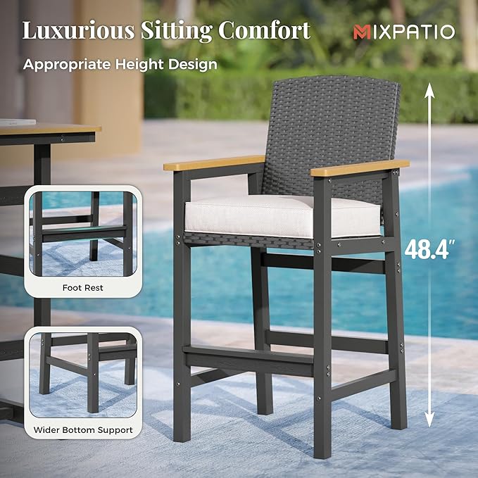 3 Pieces Outdoor Bar Set, All-Weather Bistro Table and 2 Bar Stools with Wicker Backrest and Comfy Cushion, Outdoor Patio Bistro Height Table and Chairs Sets, for Deck, Backyard and Garden