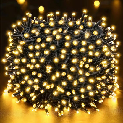Techip 300 LED Halloween Christmas Lights Outdoor, Warm White Christmas Tree Lights Outside Waterproof Twinkle Lights Green Wire Connectable Plug in String Lights Indoor 108FT 8 Modes for House Decor