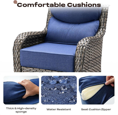 Wicker Outdoor Patio Furniture Set - 5 Piece Patio Conversation Sets with Swivel Rocker Chairs, Ottomans and Side Table, 6 inch Cushions, Waterproof Wicker, for Porch Deck Mixed Grey/Blue