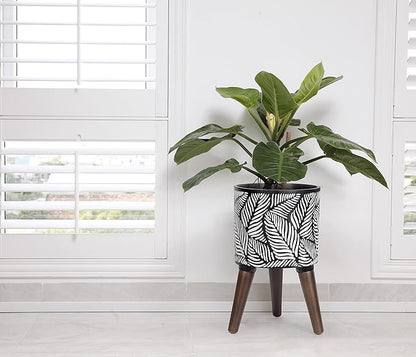 D'vine Dev 8 Inch Planter Pot with Stand, Mid-Century Tall Plant Pot with Legs for Indoor Plants, Small, White/Grey, 88-L-A-7