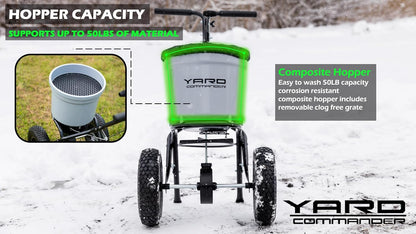 Yard Commander - Commercial 50 LB Walk-Behind Push Broadcast Spreader - 10-12 Foot Spread - Fertilizer, Salt & Grass Seed - Clog Free Design - Fully Enclosed Gear Box - Adjustable Drop Rate