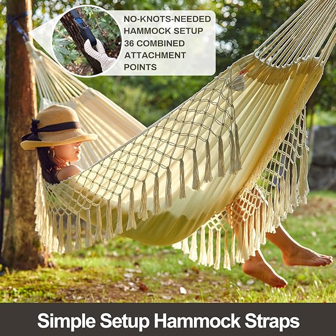 Brazilian Double Hammock with Tree Straps,Extra Large 94x63IN,2 Persons Hammock for Backyard Patio Outdoor Indoor,450lbs Weight Capacity,Soft Woven Cotton Fabric - Natrual White with Tassels