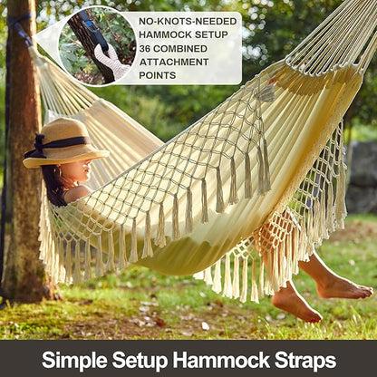 Brazilian Double Hammock with Tree Straps,Extra Large 94x63IN,2 Persons Hammock for Backyard Patio Outdoor Indoor,450lbs Weight Capacity,Soft Woven Cotton Fabric - Natrual White with Tassels