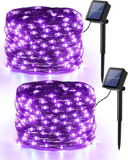 Brizled Halloween Fairy Lights, 2 Pack Total 78FT 240 LED Purple Fairy Lights, 8 Modes Solar Powered Purple Light, Twinkle Outdoor Halloween Light String for Outside Party Home Decor Black Wire