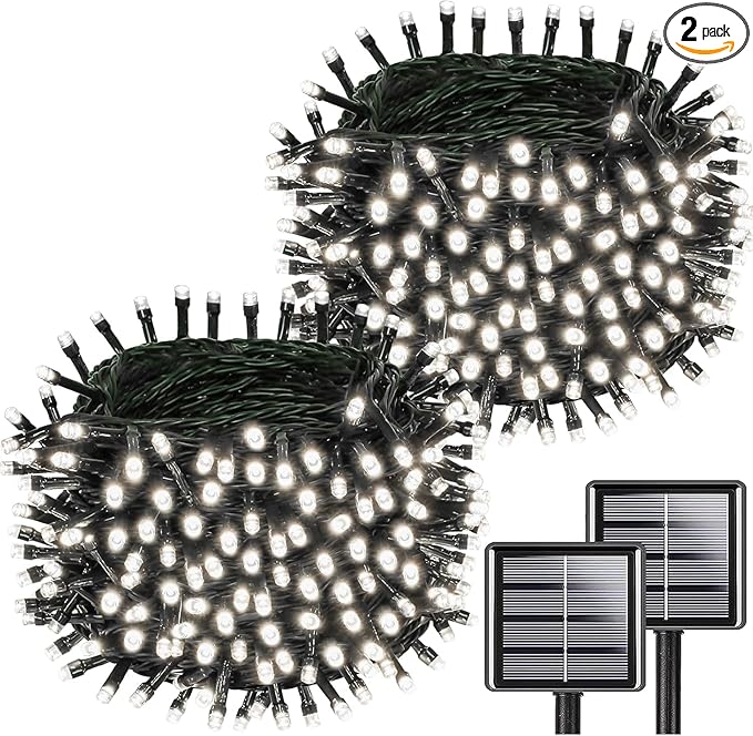 Upgrade 2Pack 200LED Solar String Lights for Outside, 66FT Solar Christmas String Lights Outdoor with 8 Modes, IP65 Waterproof Outdoor Twinkle Light, Garden Xmas Tree Christmas Decoration, Cool White