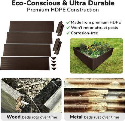 Raised Garden Bed - 4x4 ft Planter Box - Brown HDPE - No Tools Needed - DIY Kit for Urban Gardening, Flowers, Herbs & Vegetables - Made in The USA