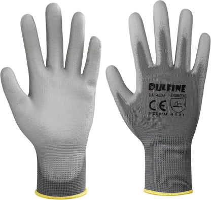 DULFINE Safety Work Gloves for Men PU Coated 60 Pairs Bulk Pack,Grey Yellow Seamless Knit Glove with thin Polyurethane Coated Smooth Grip on Palm & Fingers,Ideal for General Duty Work (Small)
