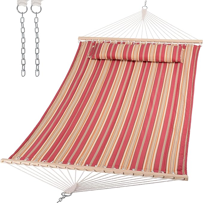 SUNCREAT Double Hammock Quilted Fabric Swing with Spreader Bar, Detachable Pillow, 55” x79” Large Hammock, Red Stripes