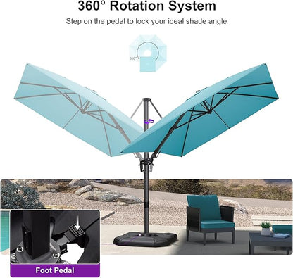 PURPLE LEAF 8' X 11' Left-right Tilting Patio Umbrella Outdoor Cantilever Swivel Rectangle Umbrella with Tilt Aluminum Offset Umbrella with 360-degree Rotation for Garden Deck Pool Patio Turquoise Blue