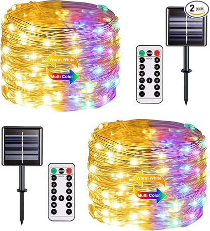 JMEXSUSS 2 Pack Solar Christmas Lights Outdoor Waterproof, 100 LED 33ft Warm White and Multicolor Color Changing Solar Fairy Lights, Copper Wire Solar String Lights for Outside Christmas Decorations