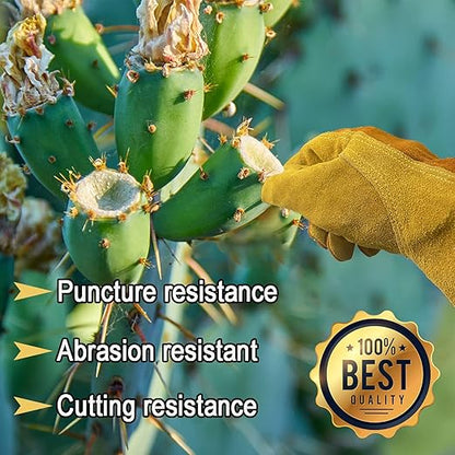 Leather Work Gloves for Men Women with Cotton Lining, Large Thorn Proof Cactus Gardening Yard Work Gloves for Rose Pruning, Heavy Duty TIG/MIG Welding, Construction, Large