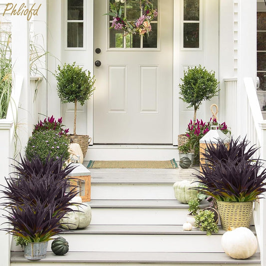 32 Pcs Artificial Grass Fake Grass Plants 17.3in Outdoor Plants UV Resistant Faux Greenery Stems for Home Window Garden Office Patio Pathway Front Porch Halloween Décor Light Green & Purple