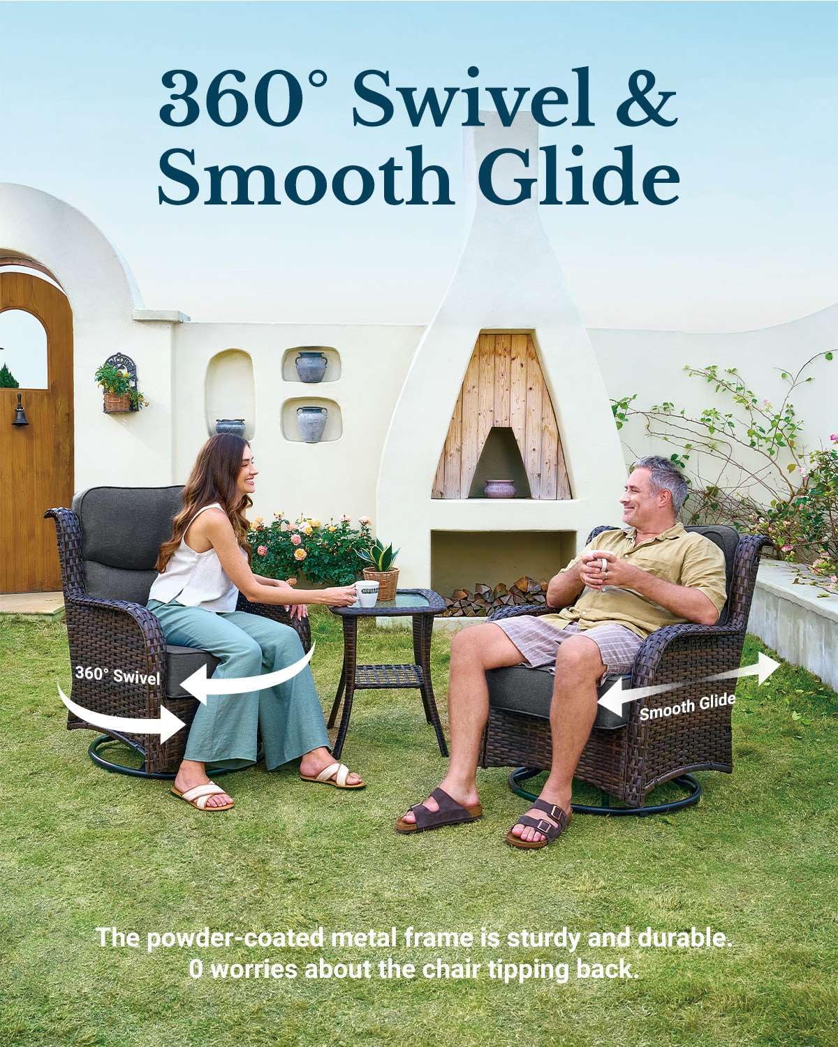 HILLGA Luxury Patio Furniture Set with 6-inch Thick Cushion, Outdoor High Back Swivel Rocker Patio Chairs, 6PCS Wicker Conversation Set for Deck Yard and Poolside, Dark Grey (V2)