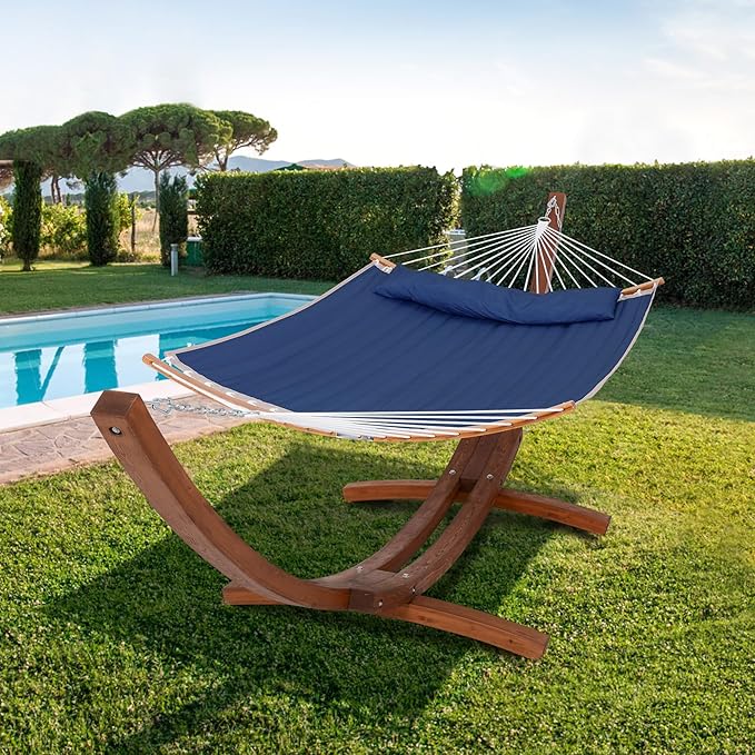 SUNCREAT Hammocks Standing Backyard Hammock with Stand, 2 Person Heavy Duty Hammock with 13.5 ft Wooden Stand, Navy