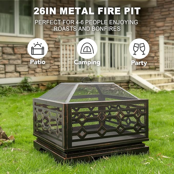 Outdoor Fire Pit, 26 Inch Wood Burning Firepit for Outside with Mesh Cover & Fire Poker, Large Square Metal Fireplace for Patio, Backyard, Garden, Bonfire Party