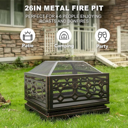 Outdoor Fire Pit, 26 Inch Wood Burning Firepit for Outside with Mesh Cover & Fire Poker, Large Square Metal Fireplace for Patio, Backyard, Garden, Bonfire Party