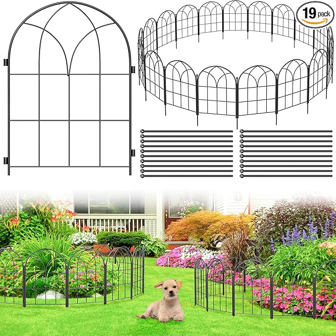 Garden Fences Animal Barrier, 12.55"*16.48" Black Garden Border Fencing, Arched Rustproof Metal No Dig Fence for Dogs, Outdoor Fence, Dog Fencing for Yard, Flower Bed (Medium 19 Pcs)