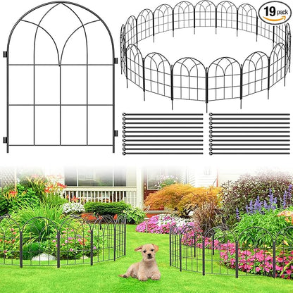 Garden Fences Animal Barrier, 12.55"*16.48" Black Garden Border Fencing, Arched Rustproof Metal No Dig Fence for Dogs, Outdoor Fence, Dog Fencing for Yard, Flower Bed (Medium 19 Pcs)