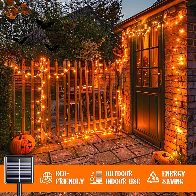 JMEXSUSS 2 Pack Orange Halloween Lights: 100 LED 33ft Solar Halloween Lights Outdoor Waterproof - 8 Modes Orange Solar Light for Christmas Outside Tree Gardens Fall Festival