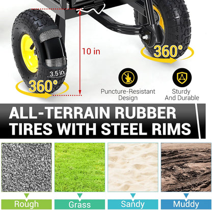 Heavy Duty Steel Garden Cart, 880LBS Pullable Metal Garden Wagon with 10" Wheels, 180° Rotating Handle and Removable Sides for Outdoor, Farm, Yard, Beach ﻿