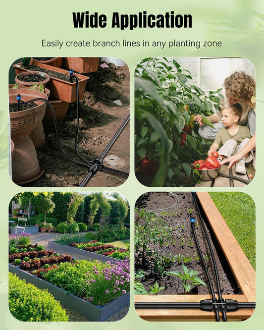 Pawfly 12 Pcs 1/2'' to 1/4'' Drip Irrigation Fittings, Anti-Leak Reducing Tees, Push-to-Fit Drip Irrigation Parts for Garden Lawn, 6-Way Barbed Tee Quick Connectors with Anti-Drop Locked Nuts