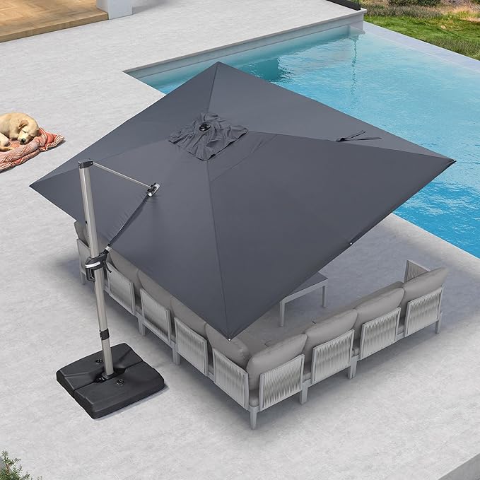PURPLE LEAF 10' X 13' Patio Umbrella, Rectangle Outdoor Cantilever Umbrella, Aluminum Offset Umbrella with Champagne Frame and 360° Rotation for Pool Deck Garden, Grey
