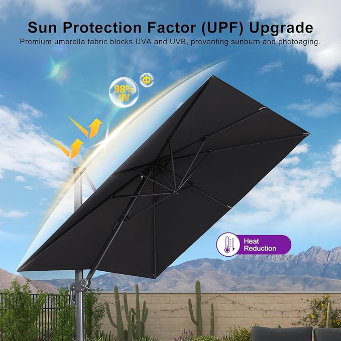 PURPLE LEAF 9' X 11.5' Rectangle Cantilever Umbrella with Base Outdoor Large Aluminum Patio Umbrella with 3-Year Fade Resistance Recycled Fabric and 360-degree Rotation for Deck Garden, Graphite Grey