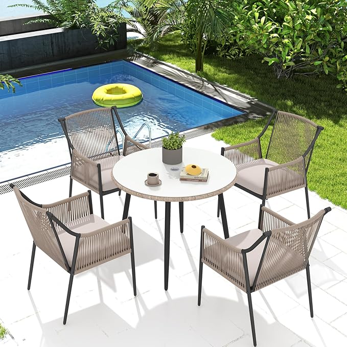 Patiorama 5-Piece Patio Dining Set, Outdoor Dining Table Chair Set, All-Weather Embossed Rattan Wicker Rope Conversation Set, Patio Furniture Set w/Umbrella Hole, 4 Cushioned Chairs&Glass Table(Beige)