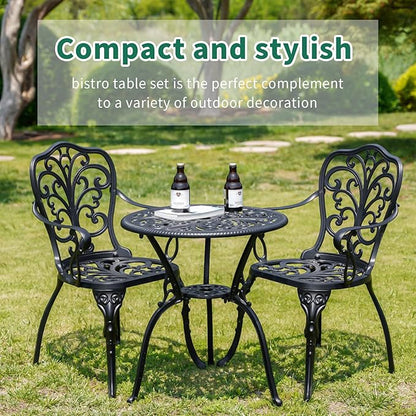 3 Piece Patio Bistro Set Cast Aluminum Bistro Table and Chairs Set of 2 with Umbrella Hole,All Weather Metal Bistro Table Set,Outdoor Patio Furniture Set for Garden(Butterfly Black)