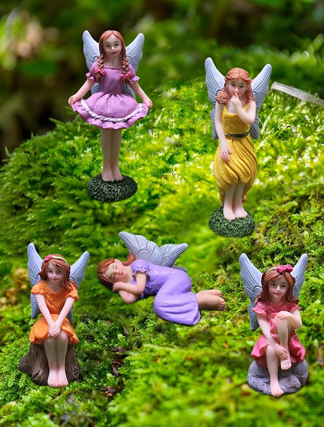 Miniature Fairy Garden Figurines 5Pcs, Small Flower Fairies Ornaments Resin Mini Fairy Figurines Outdoor Decor Art for Fairy Garden Pot Bonsai Micro Landscapes Craft Decoration Accessories