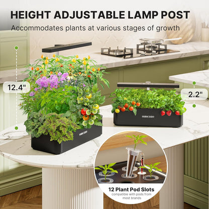 SUNCOZE Hydroponics Growing System Kit 12 Pods, 24W LED Grow Light Indoor Garden, 4L Water Tank with Quiet Pump, Adjustable Height Herb Garden Planter Indoor Kit, Gardening Gifts, Black