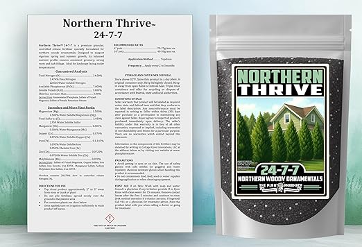Fertilizer Commercial Grade | Northern Thrive 24-7-7 | 3 Pounds | Granular Controlled Release Feed | High Nitrogen Formula for Woody Ornamentals | Shrubs Trees Foliage Growth Beds Borders Landscapes