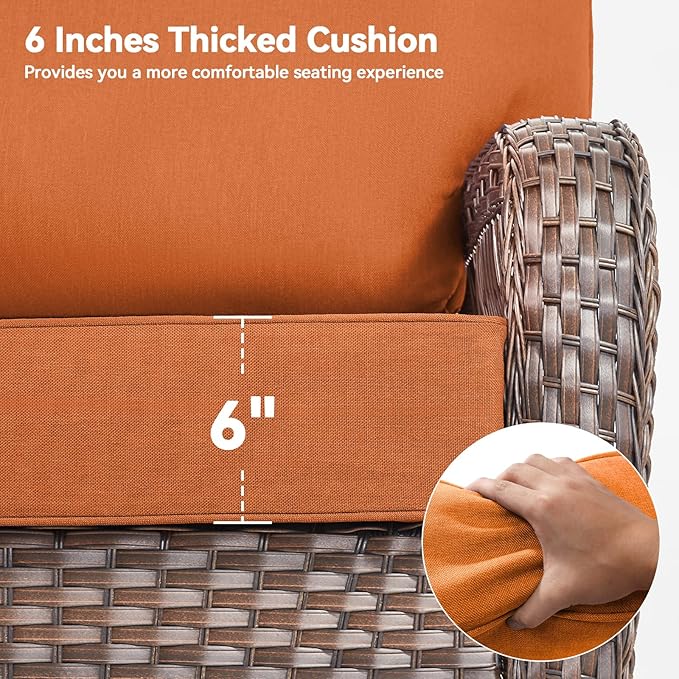 Luxury 6" Outdoor Cushions for Patio Furniture, 24x24x6" Thick Seat Cushion Set of 6, Fade Resistant Couch Chair Replacement Cushions High Density Deep Wicker Chair Cushion w/ Removable Cover, Orange