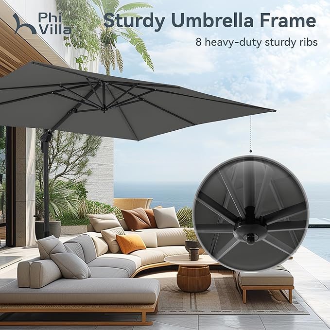 PHI VILLA 10ft Cantilever Patio Umbrella with Crank Handle, 7-Level Tilt & 360° Rotation, Aluminum Square Outdoor Offset Umbrella Windproof & Crashproof for Garden, Deck, Pool (Grey)