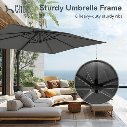 PHI VILLA 10ft Cantilever Patio Umbrella with Crank Handle, 7-Level Tilt & 360° Rotation, Aluminum Square Outdoor Offset Umbrella Windproof & Crashproof for Garden, Deck, Pool (Grey)