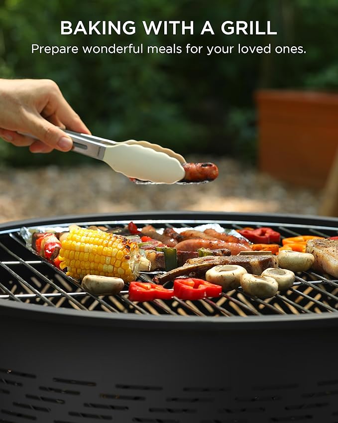 32" Fire Pits with Cooking Grill, Fire Pit Table with Lid & Fire Poker, Round Wood Burning Firepit for Outside, Multifunctional Outdoor Fire pits for BBQ, Table, Picnic, Camping, Bonfire Party