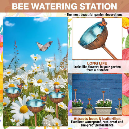 9 Pcs Bee Watering Station for Garden Bee Metal Watering Cups Butterfly Water Feeder Small Insects Bath Bowl Cups Metal Stakes for Outdoor Garden Decor, Blue