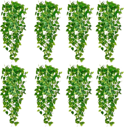 Fake Hanging Plants Vines(8pcs) for Room Decor, Artificial Ivy Greenery Garlands for Home Bedroom Living Aesthetic Kitchen Office Wall Patio Bookshelf,Indoor,Outdoor Farmhouse Decorations(No Basket)