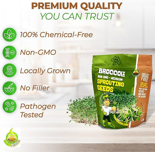 Todd's Seeds Broccoli and Friends Sprouting Seed Mix: Broccoli, Crimson Clover, Red Radish, Alfalfa, Non-GMO, Chemical Free, High Germination (1/4 Pound)