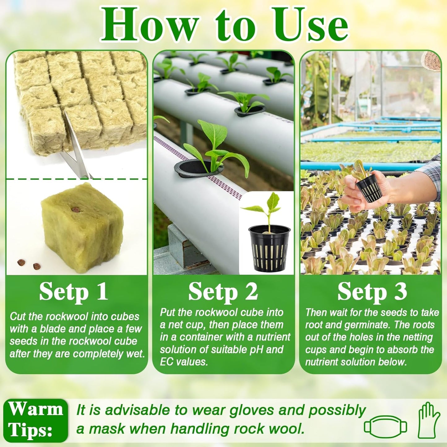 Halatool 24 x 2-Inch Rockwool Cubes & 24 x 3-Inch Net Cups - Hydroponics Starter Kit for Plants Cloning, Seed Starting, and Patio Gardening - Durable, Effective, Great Gift Option