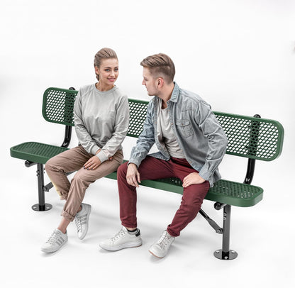 Heavy-Duty Outdoor Metal Bench, Thermoplastic-Coated, Surface, Weatherproof, Commercial-Grade for Parks, Gardens, Patios, Stores & More (6 Ft - Surface with Back, Green)