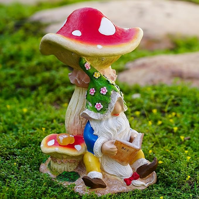 Solar Garden Outdoor Statues Gnome Reading Under Mushroom with 5 LED Solar Figurine for Lawn,Patio,Balcony,Yard Decor Unique Housewarming Gift for Grandfather, Father,Grandma,Wen