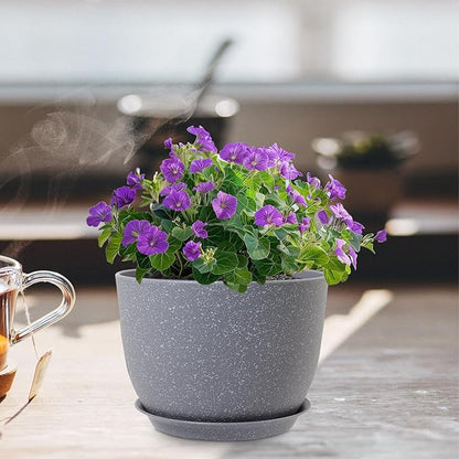 Plant Pots 12 inch, Plastic Planters with Drainage Holes and Saucers, Large Flower Pots for Indoor Outdoor Plants, Modern Decorative Pots for Garden House Plants, Speckled Grey