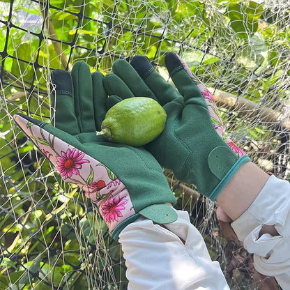 Gardening Gloves for Women, Garden Gloves with Touch Screen, Thorn Proof Puncture Resistant Working Gloves, Gardening Gifts for Women (Green with Pink Flowers, Medium)