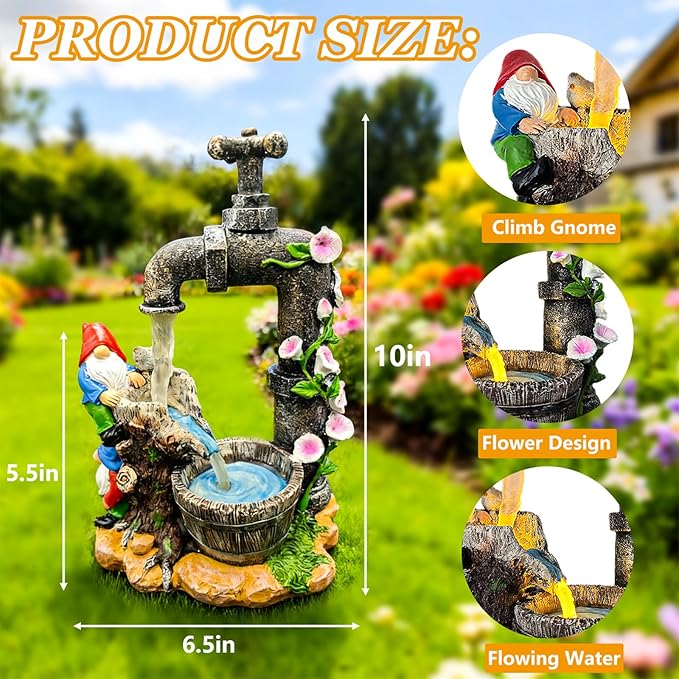 Solar Garden Gnomes Statues Outdoor Yard Decorations, 10" Resin Fountain Gnome Outside Christmas Art Decor for Lawn Patio Porch Backyard,Unique Housewarming Gifts for Women Mom Grandma