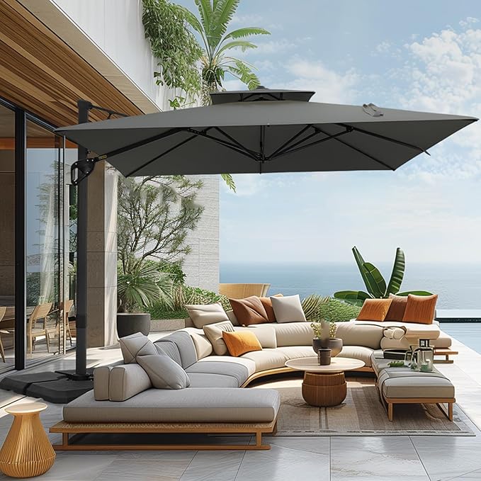 Sophia & William Cantilever Patio Umbrella 10ft, Offset Large Square Outdoor Umbrellas with 360-degree Rotation, Heavy Duty Windproof for Garden Pool Backyard, Grey with Base