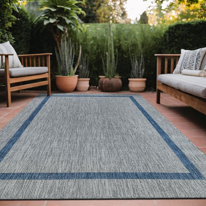 Bordered Outdoor Rug 8x10 Washable Outside Carpet for Indoor Patio Porch Waterproof Easy Cleaning Non Shedding Area Rugs Silver Gray - Blue 8 x 10
