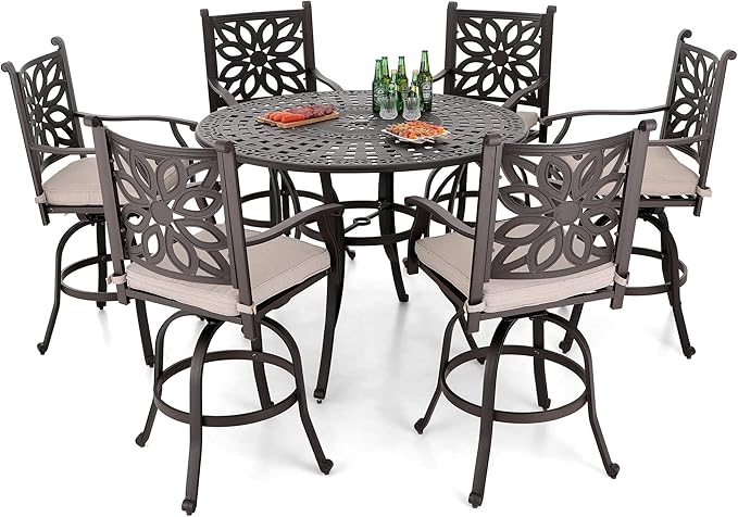 Sophia & William 6-Person Cast Aluminium Patio Bar Height Table Round, Outdoor Tall Bistro Pub Height Table with 2.2" Umbrella Hole for Porch Balcony Backyard, Bronze