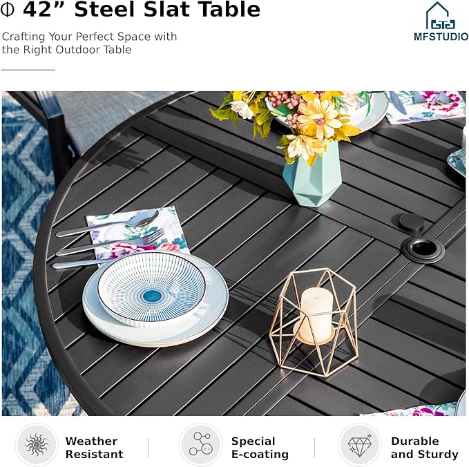 MFSTUDIO Outdoor Dining Set for 4，Round Patio Table and Chairs Set with Umbrella Hole, 5 Piece Patio Furniture Set for Deck, Backyard, Poolside & Garden